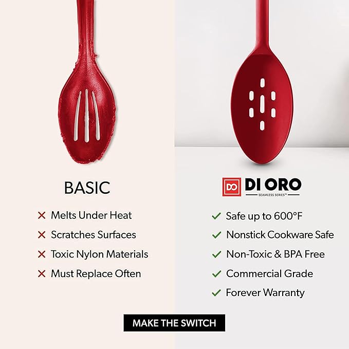 DI ORO Silicone Cooking Spoons - Solid & Slotted Set, 2-Pc Red