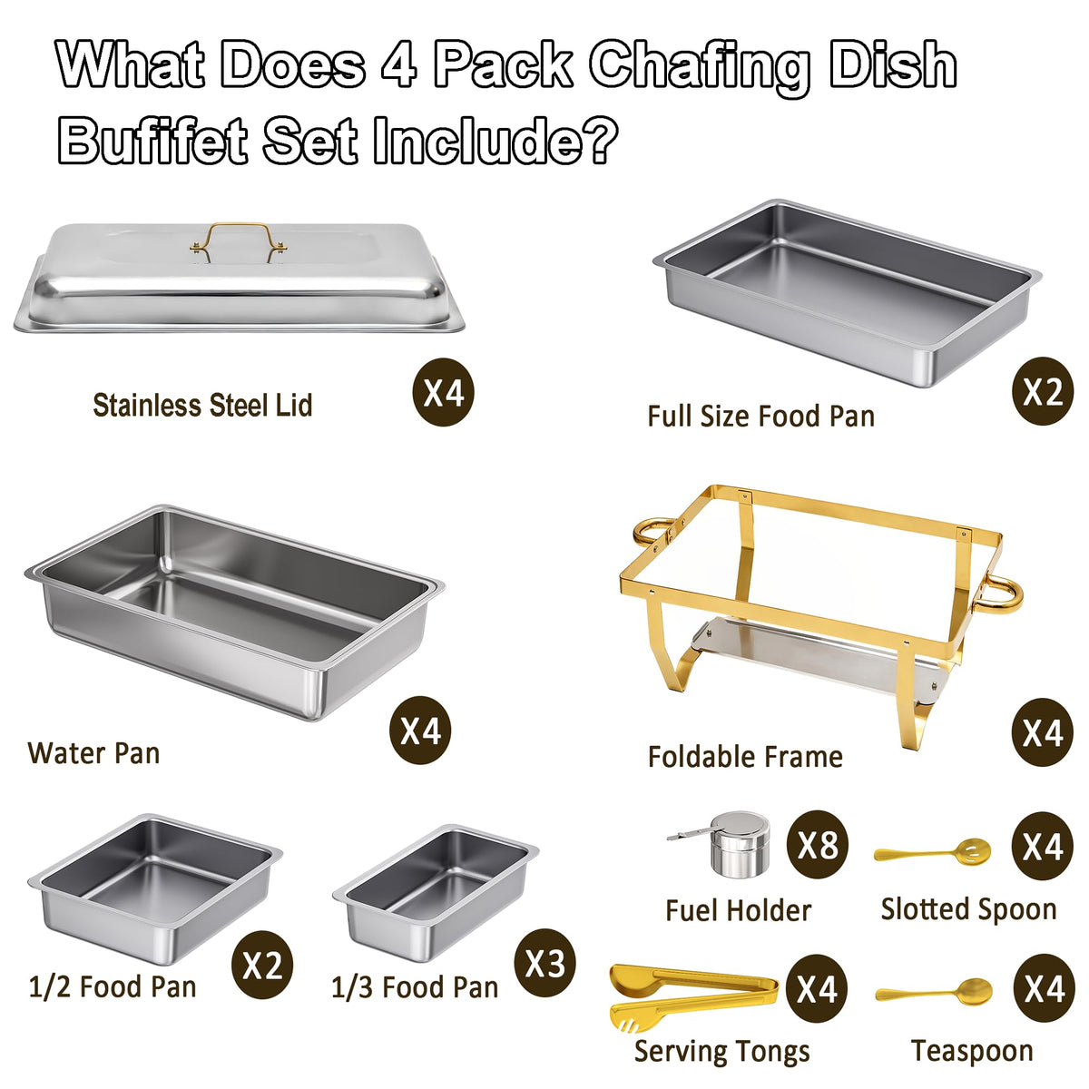 4 Pack Stainless Steel Chafing Dishes for Buffet, 9 QT Capacity 7 Pans Food Warmers for Parties, Weddings, Events Hosting, Family Gatherings, Full Set Catering Server with Serving Utensils Accessories
