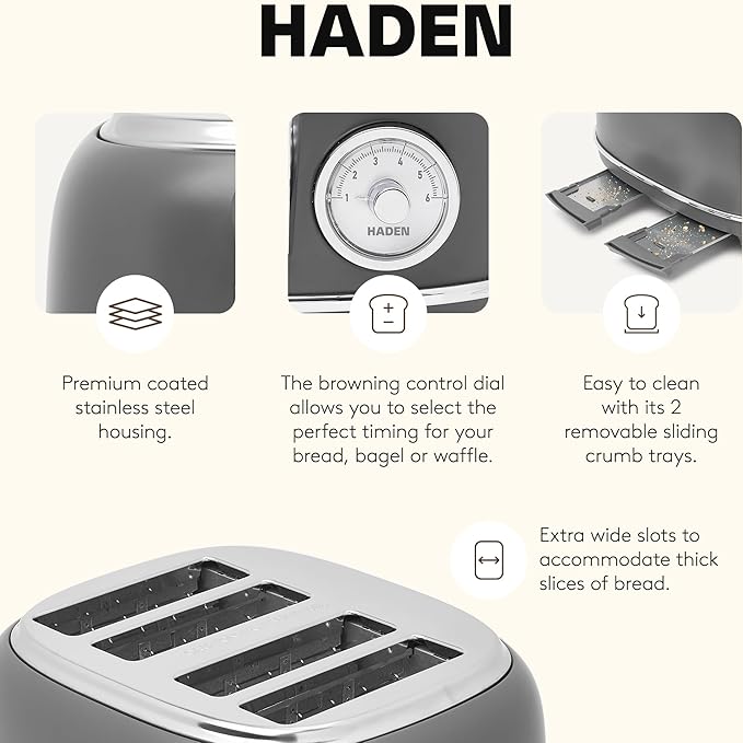 Haden Chelsea 4-Slice Wide Slot Stainless Steel Toaster with Adjustable Browning Control & Non-Slip Feet, Grey & Chrome