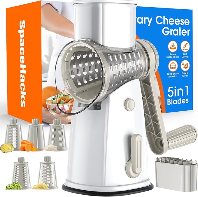 Rotary Cheese Grater Hand Crank, 5-in-1 Vegetable Chopper Spiralizer Slicer