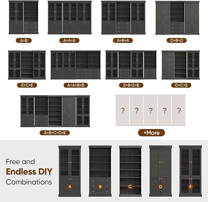 70.8" Bookshelf with Glass Doors, Farmhouse Modular Bookcase with 6-Tier Adjustable Shelves, Large Storage Cabinet for Living Room & Home Office, Black