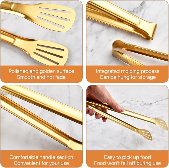 Gold Serving Tongs, 12.9 Inch Stainless Steel Salad Tongs, 6 Pack