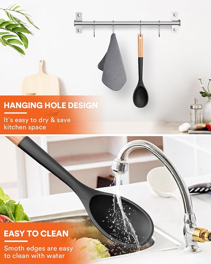Badiano Large Silicone Cooking Spoons, Nonstick Solid Wooden Handle,13.2in