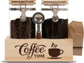 EQEY Glass Coffee Canister Set with Shelf & Spoon 2 Piece Coffee Containers for Coffee Bean Storage Airtight Seal, Coffee Bar Accessories Filter Holder for Kitchen Organization
