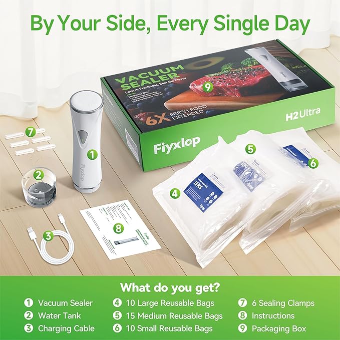 Fiyxlop Vacuum Sealer for Food, Premium Handheld Vacuum Sealer + 35 Reusable Vacuum Bags, Powerful Vacuum Food Sealer for Kitchen, Home, BBQ, Travel, Gifts, Seal Food 6X Fresh Longer