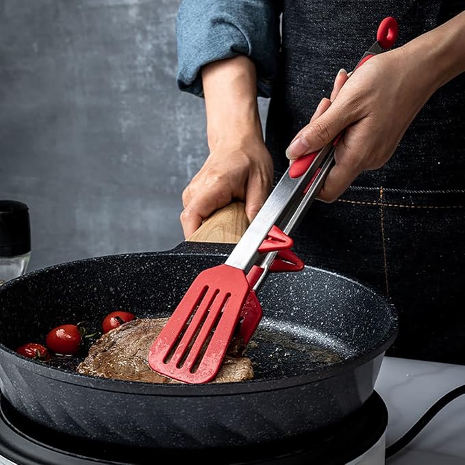 Enrunnig Silicone Tip Kitchen Tongs - 9 & 12 Inch with Locking Handle, Heat Resistant Stainless Steel for Grilling, Serving, BBQ, Non-Stick Pans (Black & Red)