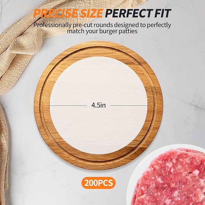 200PCS Hamburger Patty Paper, 4.5 Inch Round Non-Stick Patty Paper Sheets,Baking Parchment Rounds for Burger Press,Separating Burger Patty, Cookies and Baking