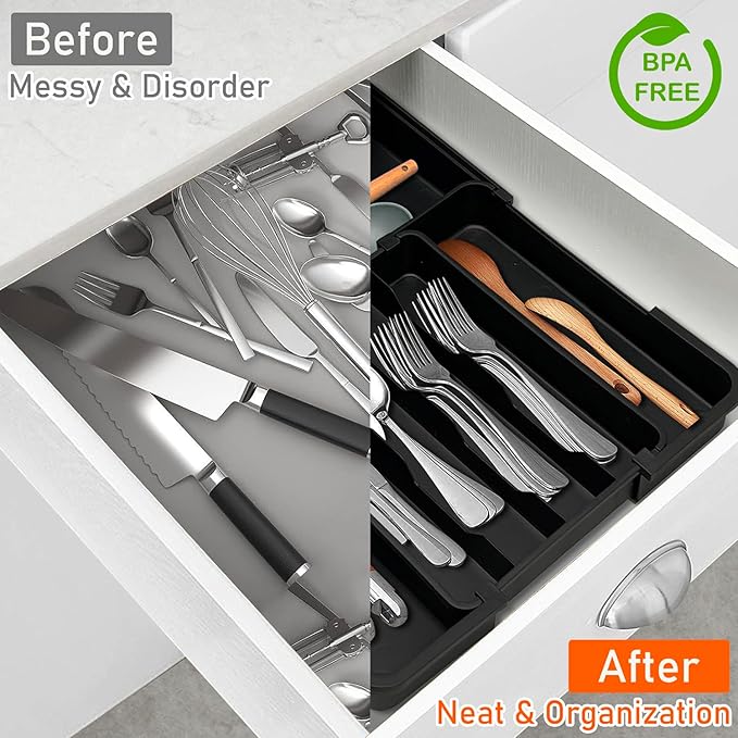 Spaclear Silverware Organizer - Expandable Kitchen Drawer Organizer, Utensil Drawer Organizer, Adjustable Plastic Flatware and Cutlery Holder, Kitchen Organizers Storage for Forks Knives, Black