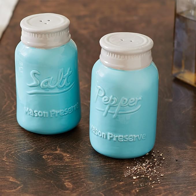 Fox Run Ceramic Mason Jar S&P Shakers, Salt and Pepper, Blue