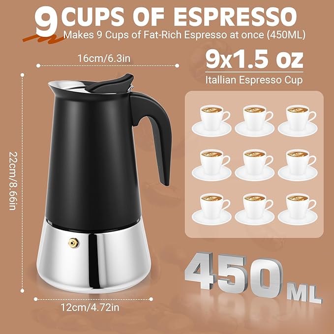 Suiitat 9 Cup Stainless Steel Moka Pot, 450ml Stovetop Espresso Maker, Black
