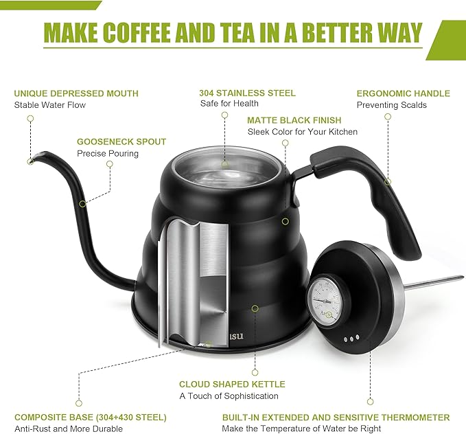 Tea Kettle with Thermometer,Black Gooseneck Coffee Kettle Pot Stovetop,40oz