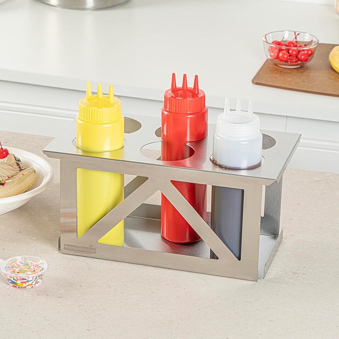 Restaurantware Squeeze Bottle Organizer 1 Count 12.79 x 7.09 x 6.26 Inch Durable Stainless Steel Condiment Dispenser Rack Six Hole Easy-To-Clean Holder Silver Rectangular Design for Commercial Kitchen