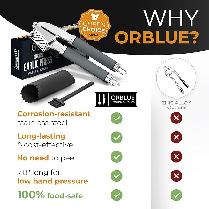 ORBLUE Garlic Press and Peeler Set, Stainless Steel - Professional Grade Mincer, Crusher - Dishwasher Safe & Rust-proof, Gray