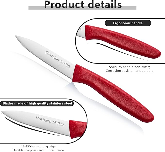 Ruffulon Paring & Fruit Knives Set of 6, Stainless Steel Sharp Blades,Red.
