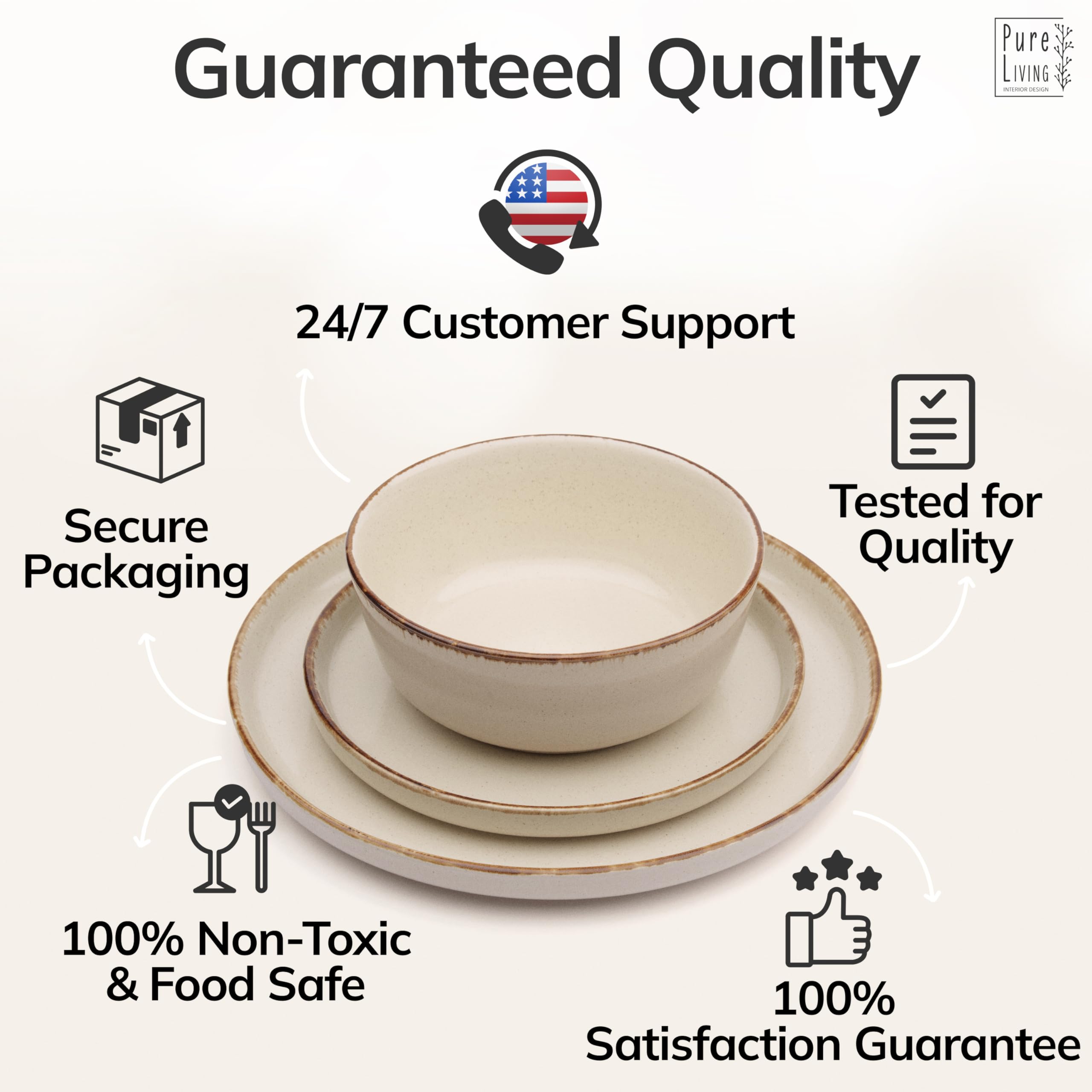 Stoneware dinnerware set 8 persons Rustic 24 pcs - Rustic design dinnerware set, dishwasher safe - Bowl and plate set - Pure Living dinnerware in beige…