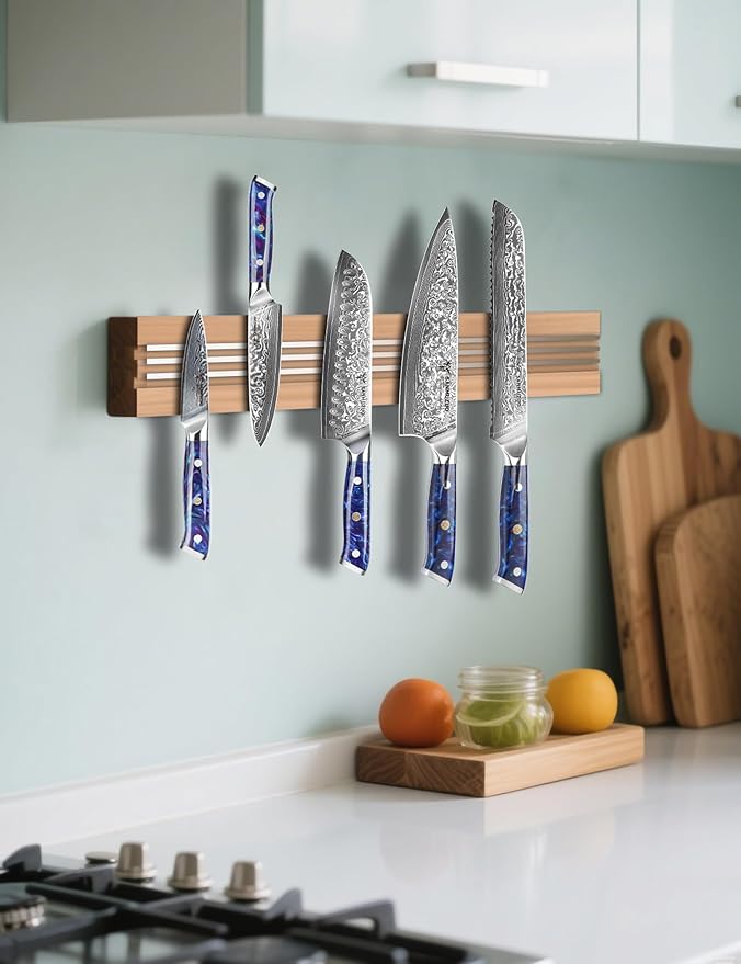 SANMUZUO Chef Cooking Knives Set- Kitchen Knife Set of 5 Piece - Ultra-Sharp VG10 Damascus Steel & Resin Handle - Xuan Series (Sapphire Blue)