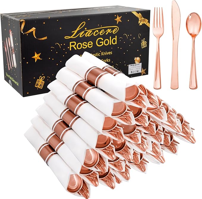 Liacere 100Pack Rose Gold Plastic Silverware - Pre Rolled Napkins with Rose Gold Cutlery - Wrapped Silverware Set Disposable100 Forks Knives Spoons Wrapped Utensils for Wedding ＆ Party
