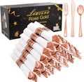 Liacere 100Pack Rose Gold Plastic Silverware - Pre Rolled Napkins with Rose Gold Cutlery - Wrapped Silverware Set Disposable100 Forks Knives Spoons Wrapped Utensils for Wedding ＆ Party