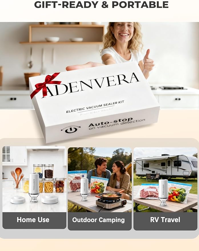 ADENVERA Compact Vacuum Sealer for Food — Electric Mason Jar Vacuum Sealer Kit & Handheld Sealer with 10 Reusable Bags & 10 Mason Jar Lids, Portable Rechargeable, Smart Auto-Stop, White