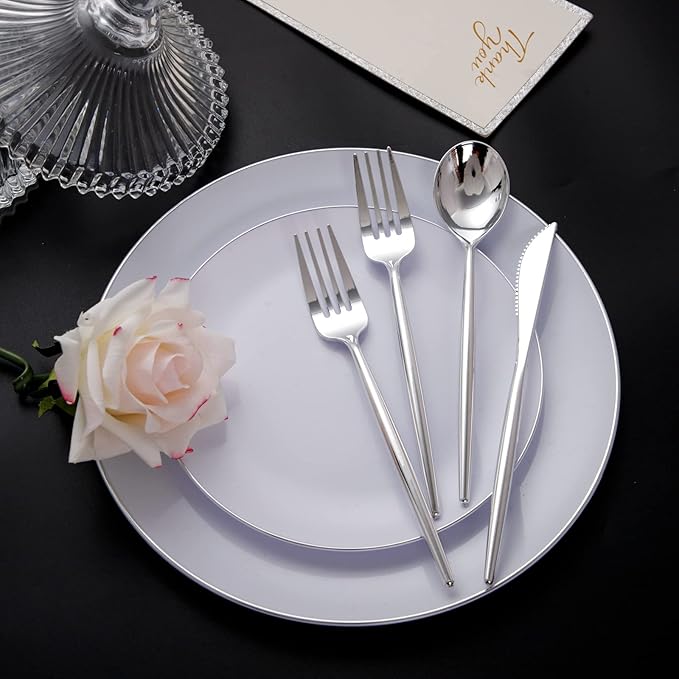 SUT 150Pcs Silver Plastic Silverware Set, Heavy Duty Disposable Cutlery Includes 50 Forks, 50 Spoons and 50 Knives for Party, Wedding and Catering