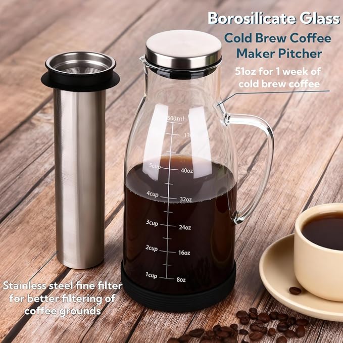 CHDEXU Airtight Cold Brew Coffee Maker Pitcher 51oz, Glass Iced Coffee Maker Pitcher with Removable Stainless Steel Filter and Non-Slip Base, 1.5L Iced Tea Maker