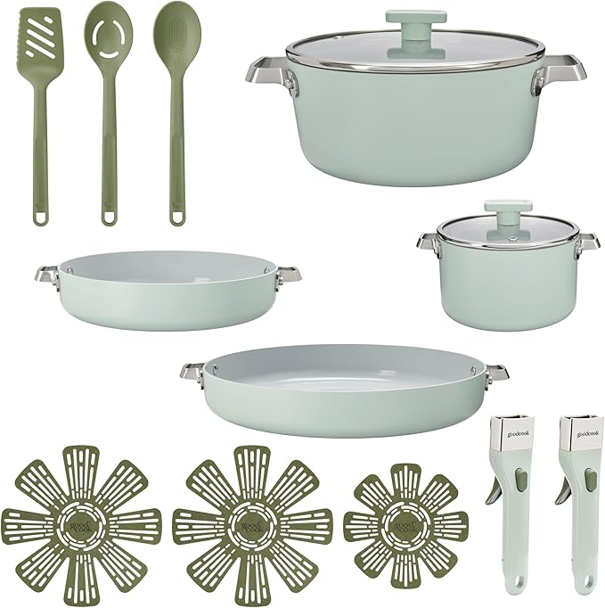 GoodCook Ceramic Cookware Set 5-Piece with Removable Handle, Induction Compatible, Nonstick and Oven Safe with 9.5-Inch Frypan, Sage Green