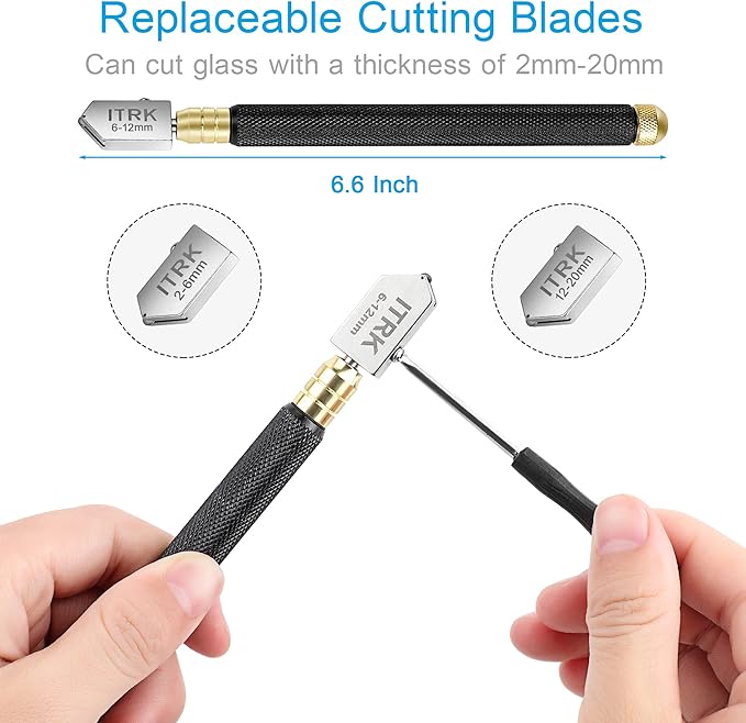 Glass Cutter 2mm-20mm, Glass Cutting Tool with Glass Oil & 3 Carbide Heads