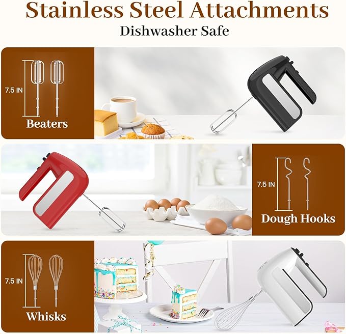 5-Speed Electric Hand Mixer, 800W Handheld Mixer with Turbo for Baking & Cooking, Kitchen Food Mixer with Storage Case & 6 Stainless Steel Attachments (2 Beaters, 2 Dough Hooks, 2 Whisks)-White