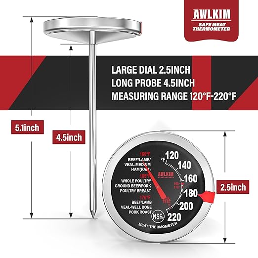 AWLKIM 2 Pack Analog Meat Thermometer Oven Safe Dial No Battery