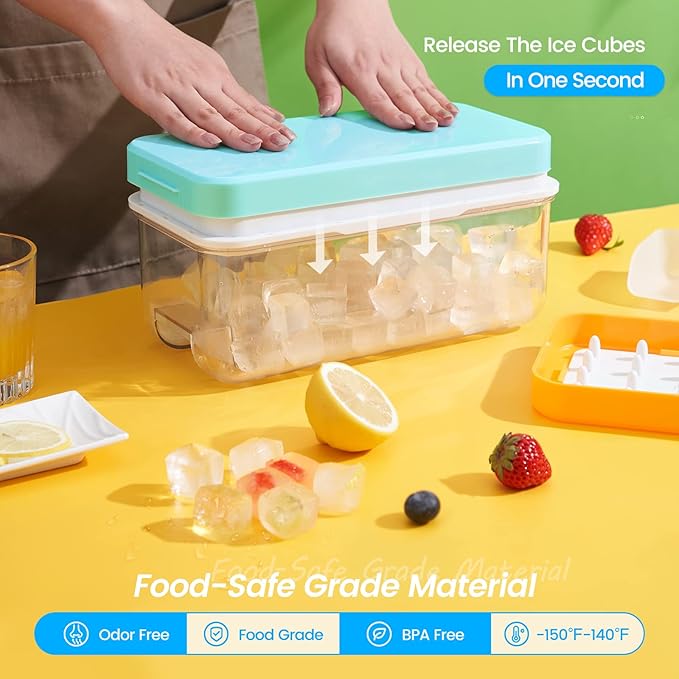 PHINOX Ice Cube Tray with Lid and Bin, Easy Release 56 Cubes for Freezer