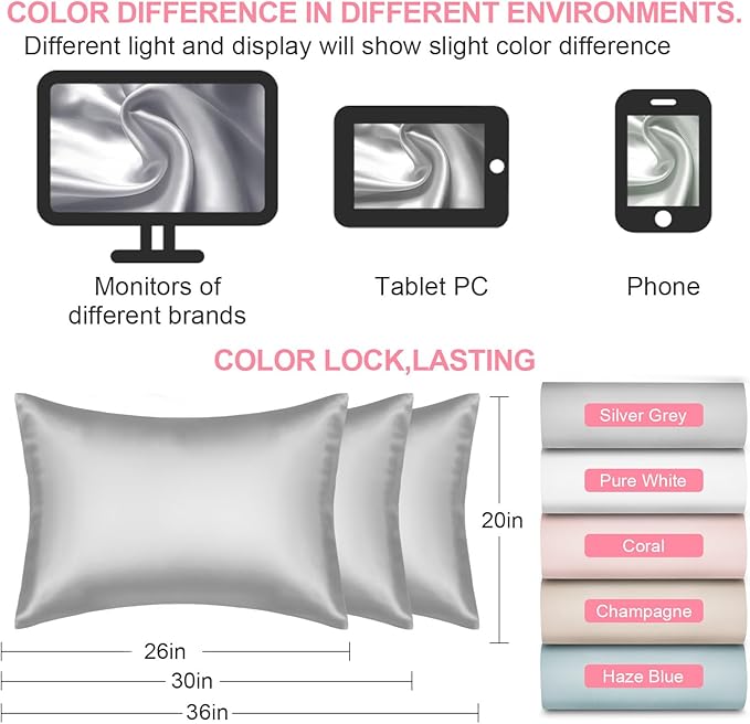 Silk Body Pillow Cover with Zipper, Mulberry Silk Pillow Cases Body Size, Ultra Smooth and Soft Breathable Cooling Silk Satin Body Pillowcase for Hair and Skin, Light Grey (20x54 Inches, 1 Pack)