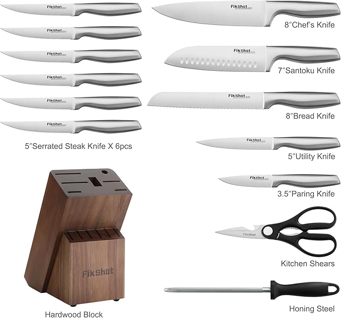 FIKSHOT 14 Pieces Knife Block Set German Stainless Steel with Sharpener