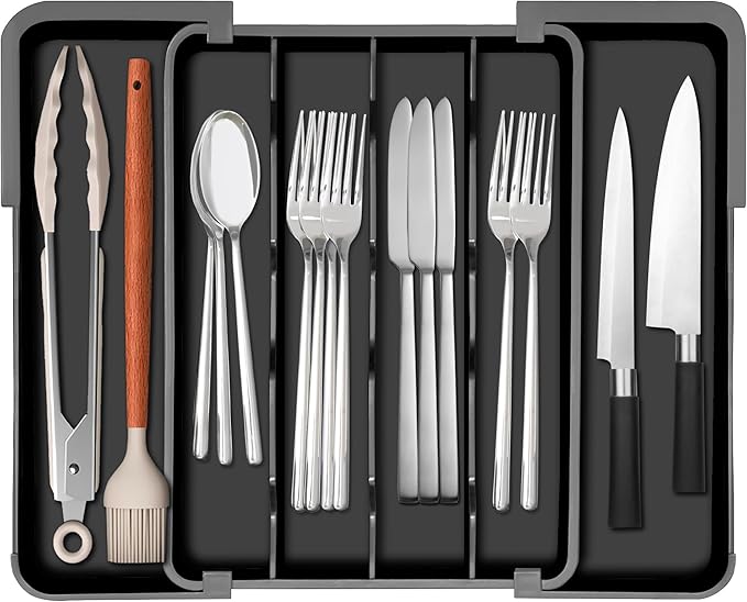 Homecor Silverware Organizer - Expandable Kitchen Drawer Organizer Utensil Holder, BPA Free Flatware and Cutlery Tray for Spoons Forks Knives, Plastic Kitchen Organizer and Storage