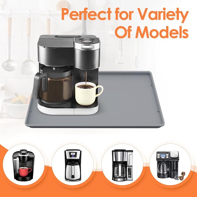 Silicone Coffee Maker Mat with Lip for Countertops, 19.7'' x 15'', Grey