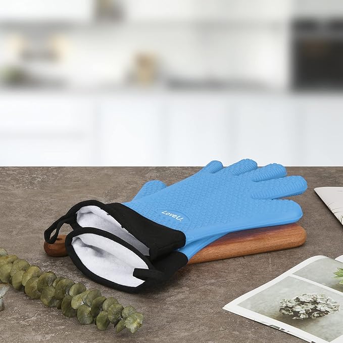 Loveuing Kitchen Oven Gloves - Dual-Layer Heat Resistant Grilling Gloves, Silicone Oven Mitts with 5 Fingers, Waterproof Non-Slip Pot Holder for Barbecue, Cooking, Baking (Small, Blue Long)