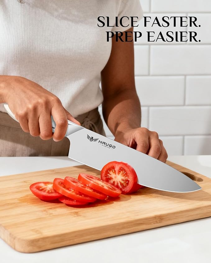 Haugo Kitchen Knife Set with Block: 14-Piece German Stainless Steel Full Tang Professional Knife - Comfortable Grip Reduces Hand Fatigue 30% - Dishwasher Safe & Sharpener - White Knife Set for Cooking