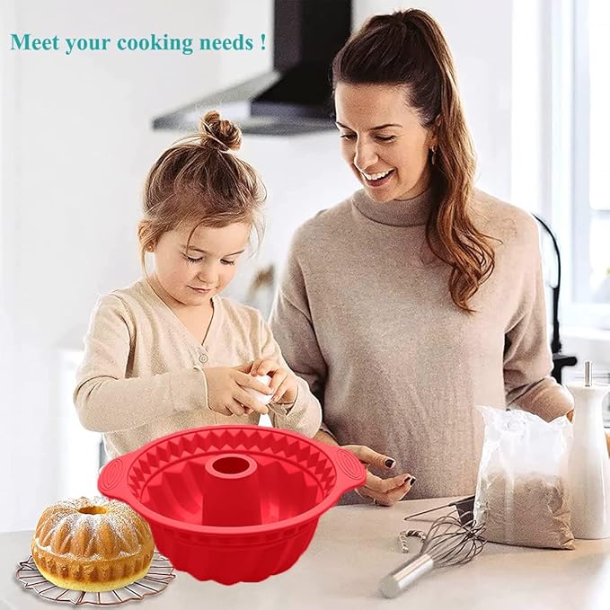 Kenond 2 Pack 9.5 Inch Silicone Fluted Cake Pan, With Sturdy Handle