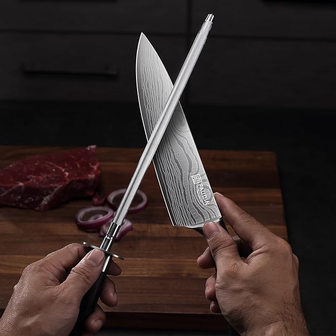 PAUDIN Honing Rod, Knife Sharpener Rod 10 inch, Professional Kitchen Knife Sharpener, High Carbon Knife Sharpening Steel with Ergonomic Pakkawood Handle, Honing Steel for All Chef Knives