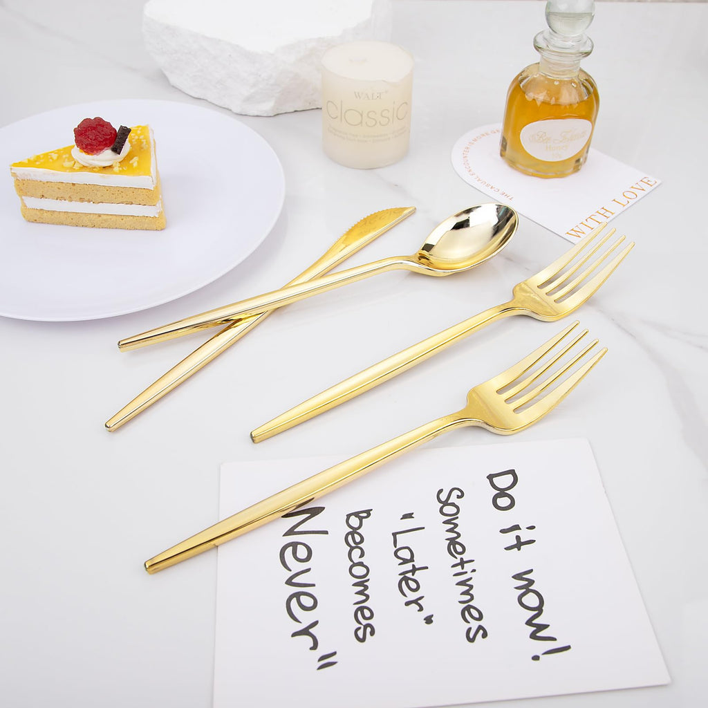 PULOTE 150PCS Gold Plastic Silverware Disposable - Heavy Duty Gold Plastic Cutlery - Gold Plastic Utensils Set Include 50 Knives,50 Forks,50 Spoons for Party&Wedding