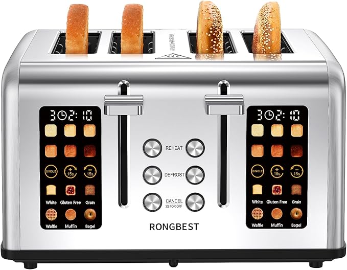 4 Slice Touch Screen Toaster with Wide Slots Stainless Steel Digital Toasters for Family Breakfast, Even Toasting for Bagel & Bread, Reheat Defrost Cancel, Removable Crumb Tray, Silver
