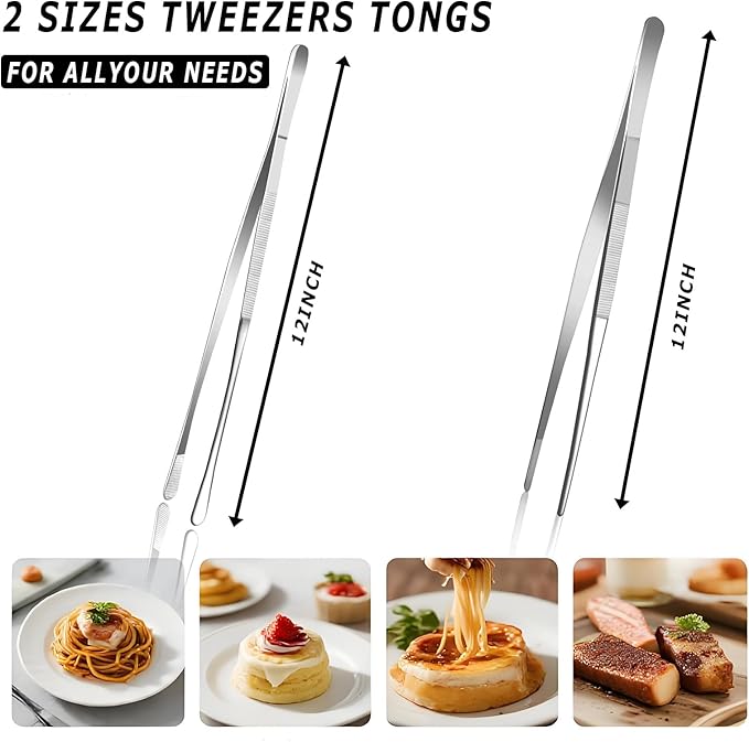 Pinovk 2 Pcs 12-Inch Kitchen Tweezers, Extra-Long Stainless Steel Cooking Tweezer Tongs for Plating, Roasting, Serving Food, Silver