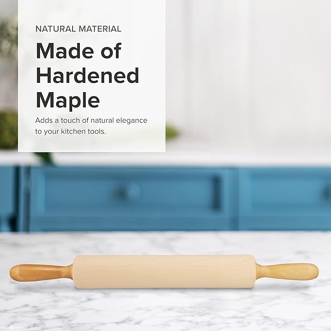 Frieling Maple Rolling Pin with Handles - 2.4-in x 12-in Barrel, 21-in Total Length-Natural Wood - Baking Essentials, Pastry Roller & Pizza Dough Roller