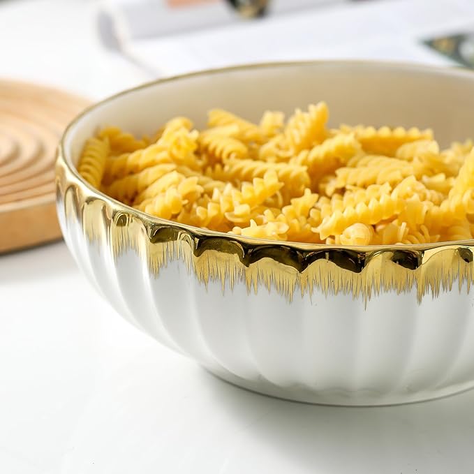 LETAOTAO Serving Bowls, 10 inch Ceramic Salad Bowl with Gold Trim, Set of 2