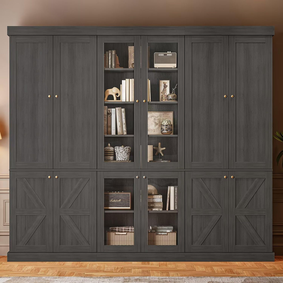 ivaniti 70.8" Tall Bookshelf with Doors, Farmhouse Modular Bookcase with 4-Tier Adjustable Shelves, Large Storage Cabinet for Home Office, Living Room, Brown, Set of 2