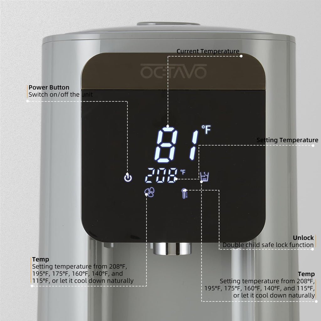 OCTAVO Water Boiler & Warmer 5 Liter, 304 Stainless Steel Water Tank, 700 Watt 6 Adjustable Water Temperature, LCD Touch Control Screen, Child Lock with Water Shortage Indicator