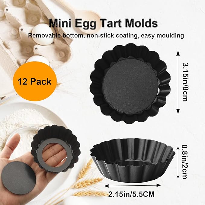 Yamteck 3 Inch Mini Quiche Pans 12 Pack, Round Egg Tart Molds with Removable Bottom. Small Tart Pans w/Non-Stick Coating Rugged Carbon Steel for Tartlets Shells Desert Making Christmas Festival Party