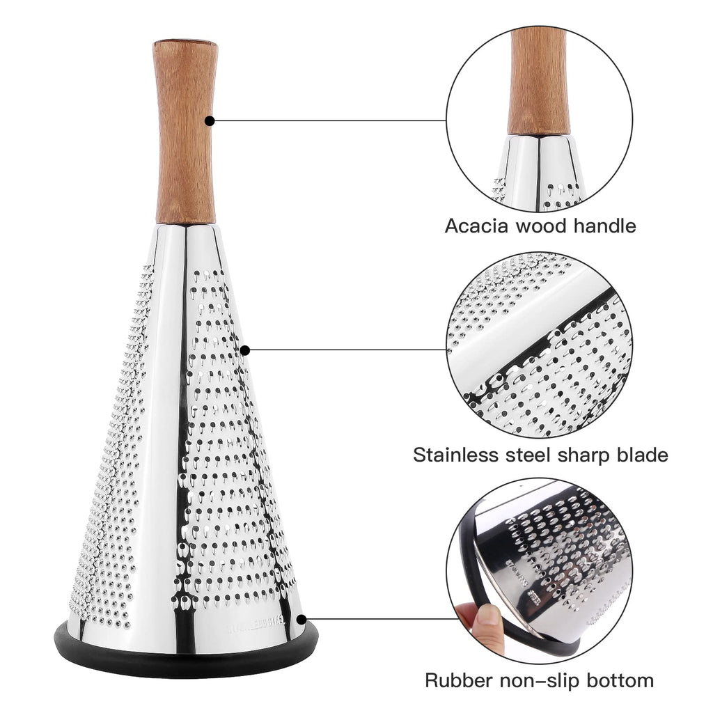 Cone Cheese Grater with Handle - Stainless Steel Triple Function Wood Handle Parmesan Shaver Non-Slip Rubber Bottom Hand Held Multifunction Vegetables Cheese Grater with container (M: 9.4" X 4.3")