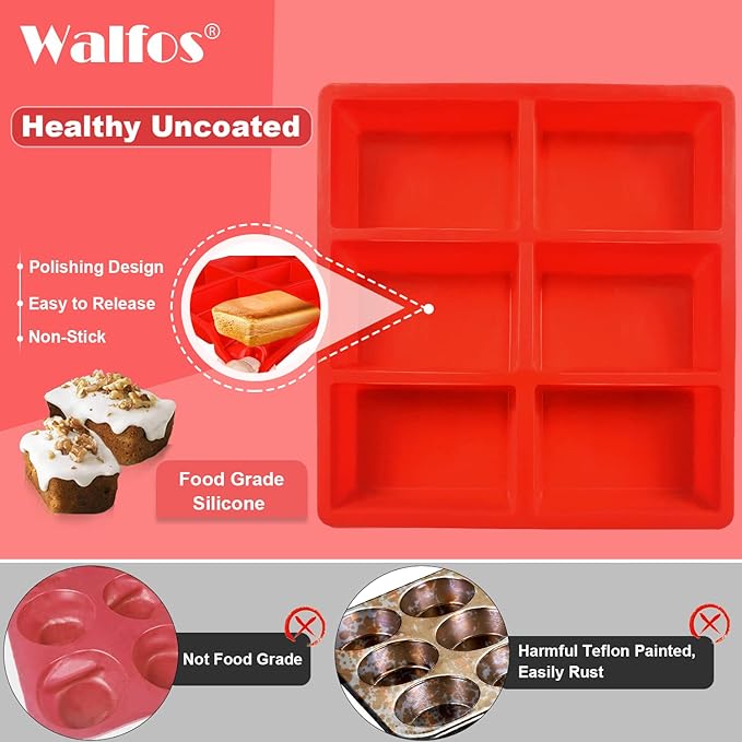 Walfos Silicone Mini Bread Baking Pan 6 Cavities Non-Stick Silicone Mini Loaf Pans 3 pcaks Food Grade Baking Mold For Bread, Cakes, Muffin, Dough, Release Easily and Dishwasher Safe