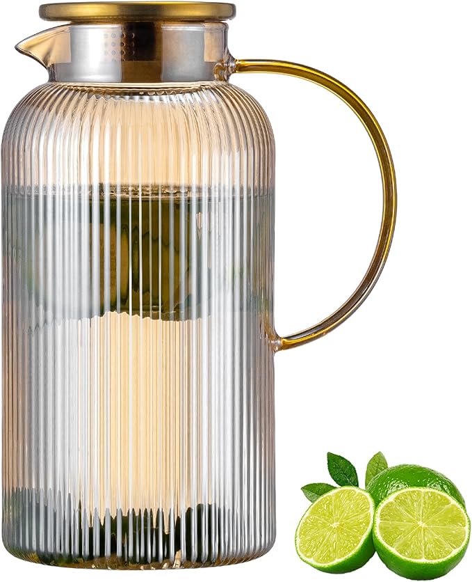 Buaic Glass Pitcher with Lid, 84 oz/ 2.5L Amber Glass Water Pitcher