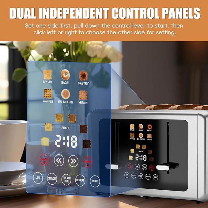 whall 4 Slice Touch Screen Toaster, Stainless Steel Toasters Digital Timer, Dual Control Panel Toasters，6 Shade Settings＆6 Bread Types, Smart Wide Slots, Bagel, Cancel, Defrost, Flat lever Silver